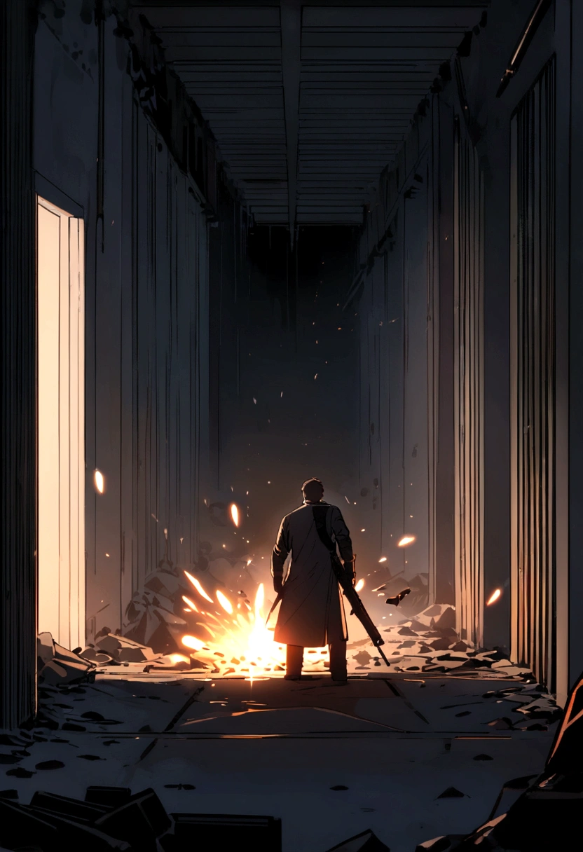 Intense shooting scene in a dark corridor, with bullets flying and sparks, secret agents hiding behind columns and shooting back, environment full of tension and danger.