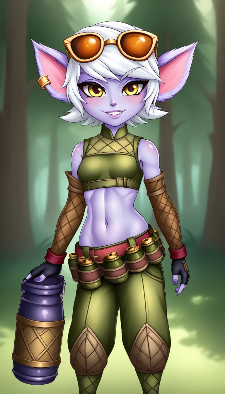 TristanaLoLXL, yordle, yellow eyes, pointy ears, by white, short hair, earrings, glasses on head, purple skin, colored skin. small breasts, green crop top, belly button, arm sleeves, gloves, fingerless gloves, elbow gloves, green pants, belt, grenade belt, standing, looking at the viewer, forest, bare tree