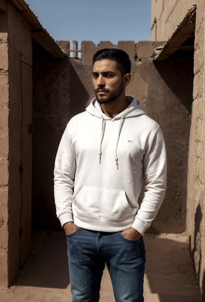 a latin man, 28 years old dark, without so much front, with comb over haircut , for the side and beard black, barba mediana, warm with white hooded sweatshirt, with jeans, standing in profile he looks at the horizon and thinks about his entire life, 1 man in the scene in far distance of the camera focus , a scene of arid countryside and plain. wide angle camera scene, contemplative scene, full body shot, sun and daylight, movie perspective, High Definition, photorealistic