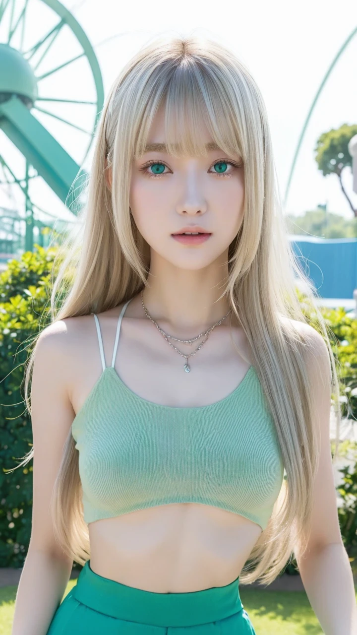  pale blonde  girl with bangs long silky and soft hair blue-green eyes with white crop top and green pants wearing two shiny white necklaces, taking a close-up at the amusement park 