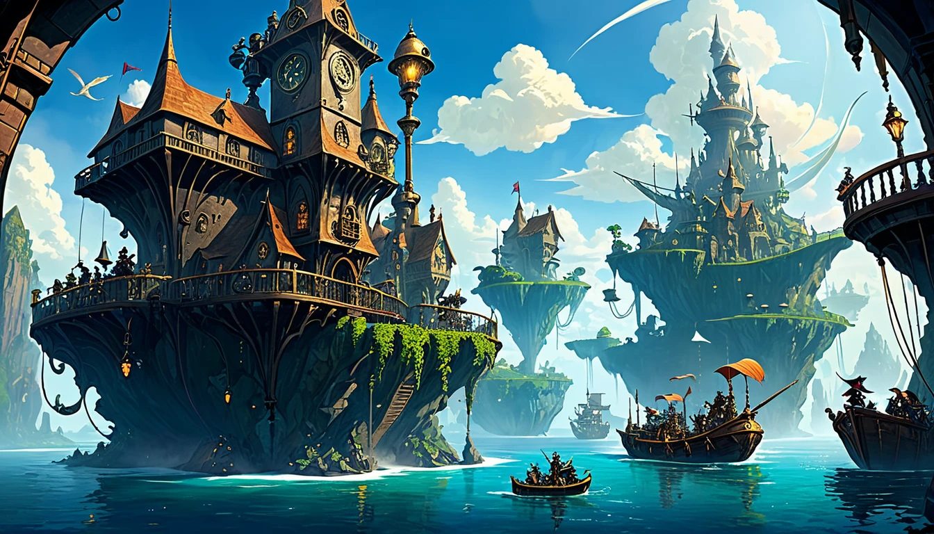 image of fantsy world with steampunk, fantasy, elvves, furrys, magic and guns, floating islands, dungeons, dragons and adventures