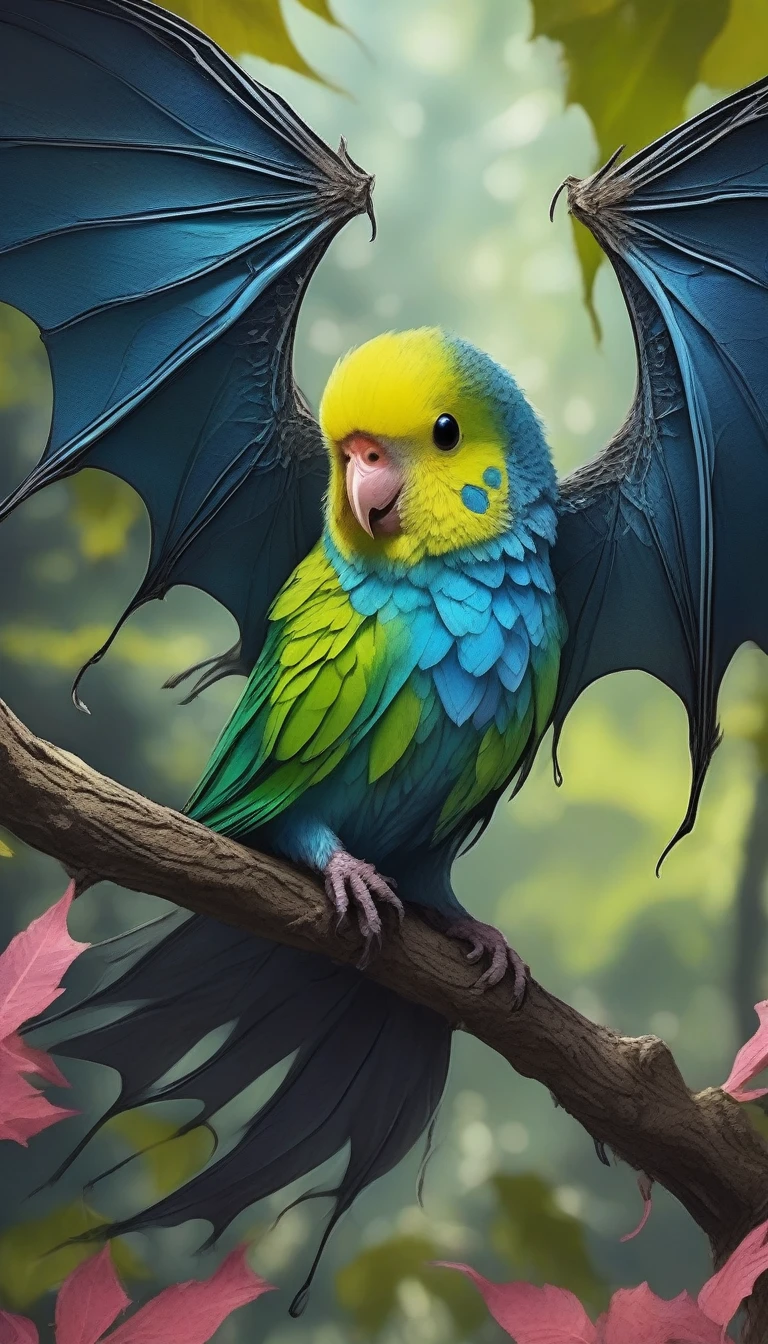 Great image quality, masterpiece, best image quality, super detailed, ultra detailed, UHD, HDR, DOF, depth of field, fictional very cute creature in temperate broadleaf forest that is a cross between a bat and a budgie, has bat wings and budgie's colorful feathers and twirls around in the air, entire body