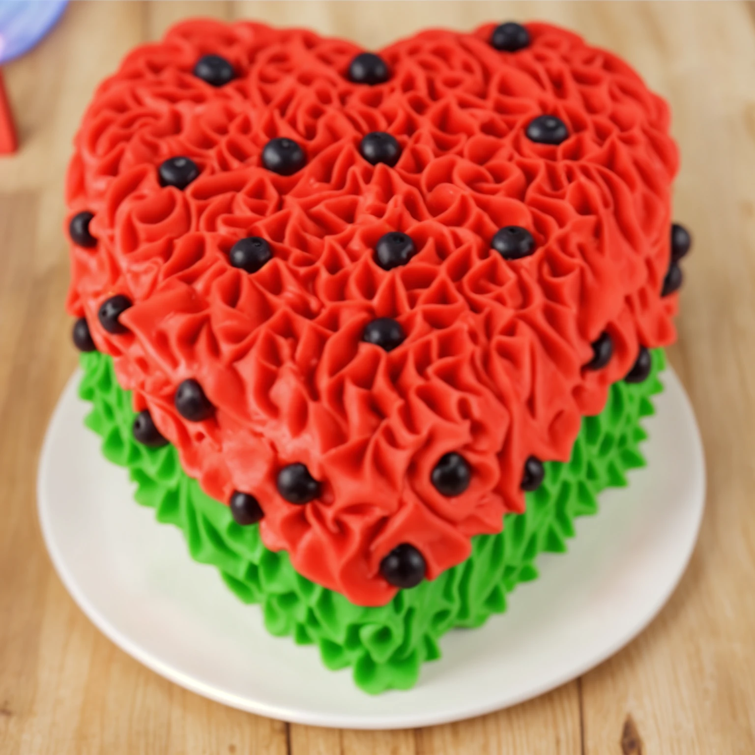 on a wooden table, there is a heart-shaped cake on a white plate,. red and green cream cake. Multiple light sources, bright lighting, Realistic style , realistic texture, detailed texture, A high resolution, high quality, macro photo, ultra hd 4k quality.