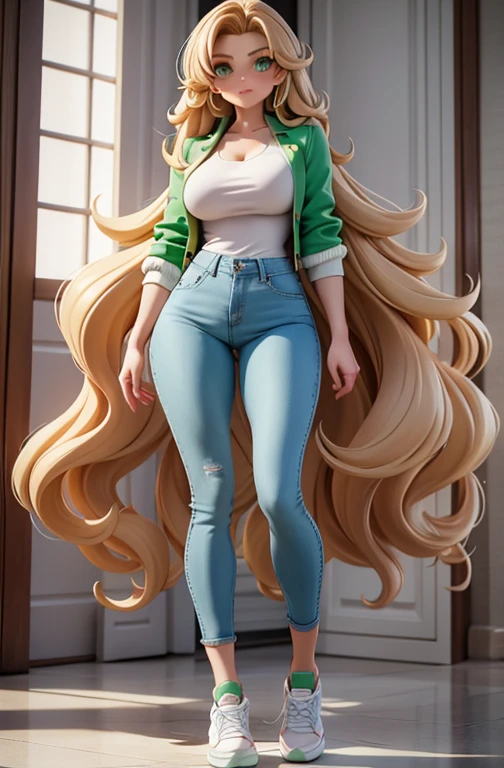 high stature, long hair light chestnut tone, big and almond eyes, intense green eyes, slender and elegant figure, wear jeans, a pastel blouse with a pastel colored and a bump jacket, he combined his attire with white sneakers, big