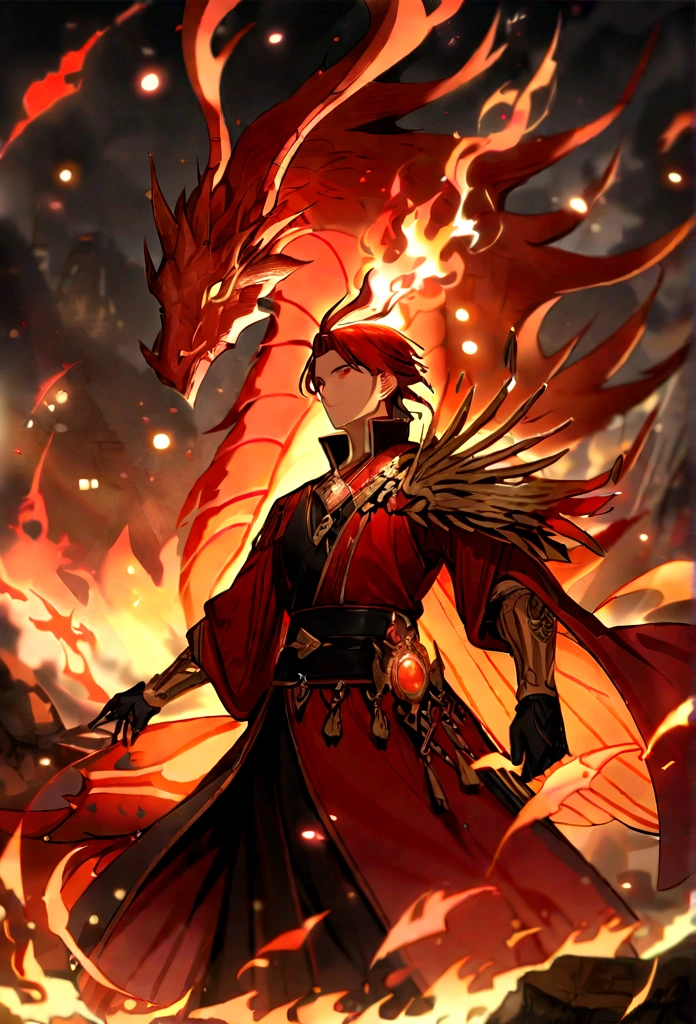 Immortal Cultivation，Ink，Takayama，confidence，Immortal Spirit，Blood flow in the background，The golden badge of the Flame Phoenix, bright, Grandiose, All attention is focused on the details of the dragon burning, stunning atmosphere，Rich gold and red color palette, Bright Lights, Effects of flame splashes and smoke.