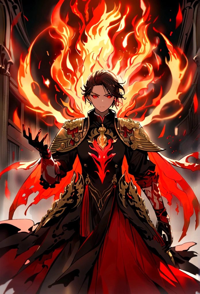 Immortal Cultivation,Ink,Takayama,confidence,Immortal Spirit,Blood flow in the background,The golden badge of the Flame Phoenix, bright, Grandiose, All attention is focused on the details of the dragon burning, stunning atmosphere,Rich gold and red color palette, Bright Lights, Effects of flame splashes and smoke.