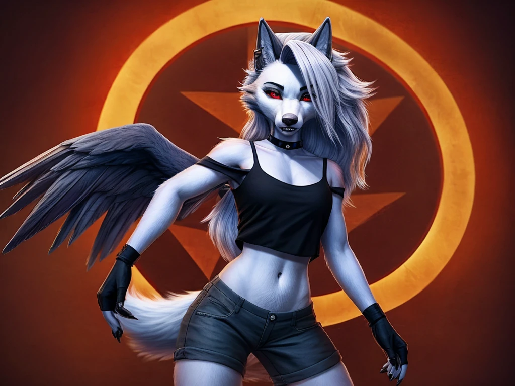 Loona is a wolf. She has a pointed, dog-like muzzle with sharp and pointy teeth, and a dark grey nose. Her eyes have red sclera, white irises and slit-like pupils, and she wears grey eyeshadow and black winged-eyeliner for makeup, Her fur is white with grey countershading encircling her face, grey patches on her shoulders, and long, voluminous silver hair swept to the side to reveal her dark grey ears; the left of which is pierced with two small, black hoop-piercings, while the right is ragged. She has a large, dark grey bushy tail with white on the underside. She also has a piercing on her right eyebrow with a black hoop for jewelry, Her outfit features a large, spiked black choker around her neck. Her tattered grey, off-the-shoulder crop-top is held up at the neckline by a series of crisscross spaghetti-straps that form an inverted pentagram. She also wears a set of black shorts that are tattered at the hems, with a white crescent moon detail on the right side, Loona also accessorizes with both black fingerless gloves and black thigh-high toeless stockings, with her black claws protruding due to her digitigrade stance, anthro wolf, female, adult, muscles, white fur, buffed body, tail, sexy, beefy body, furred body, furry chest hair, realistic, full body, photorealistic, ultra realistic, 8k, night, bare-chested