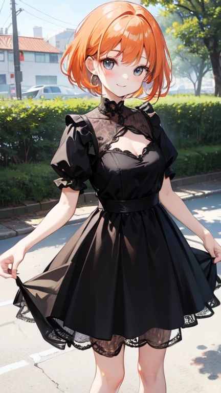 Super delicate orange haired cute girl、8k ultra high definition, Delicate texture, short hair、Black dress、summer park、daytime、Friendly Smile、looking into camera