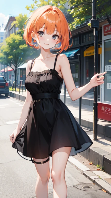 Super delicate orange haired cute girl、8k ultra high definition, Delicate texture, short hair、Black dress、summer park、daytime、Friendly Smile、looking into camera