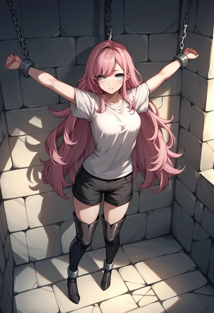 score_9, score_8_up, score_7_up, score_6_up, score_5_up, score_4_up, source_anime, 1girl, pink hair,long hair, white eyes, w-w-chain, shackles, suspended arms,above the air, loose hair, gray shirt,shorts,dark  thigh boots, rainbow, dungeon, best quality, best res, 4K UHD,
 