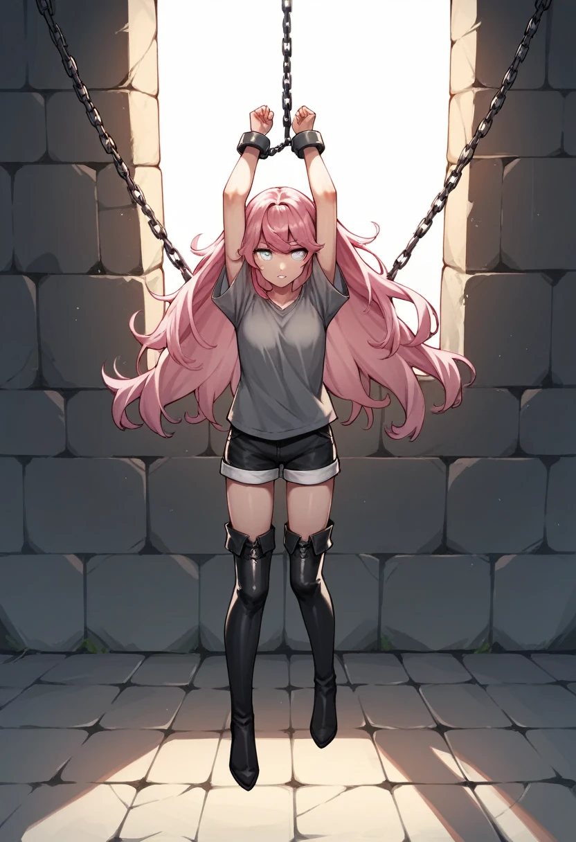 score_9, score_8_up, score_7_up, score_6_up, score_5_up, score_4_up, source_anime, 1girl, pink hair,long hair, white eyes, w-w-chain, shackles, suspended arms,above the air, loose hair, gray shirt,shorts,dark  thigh boots, rainbow, dungeon, best quality, best res, 4K UHD,
 
