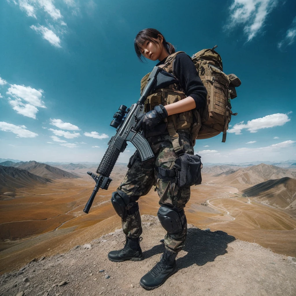 beautiful Korean woman, wearing a thick tactical uniform shirt and long tactical trousers, short hairstyle, smooth white skin. by holding an ak 74, vest, backpack bag. Collation on a high mountain peak,Barren fields. clear blue sky with few white clouds. fisheye lens shot, ultra-wide lens shot, verry realistic, detailed, sharp, detailed texture,high quality photos