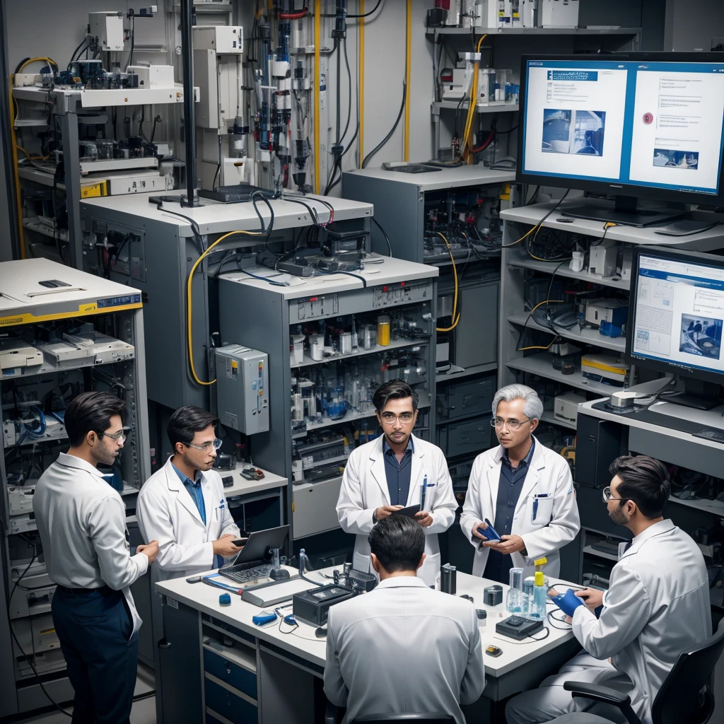 Many male scientists in lab talking to each other because they are going to start the coutdown for mission mangle