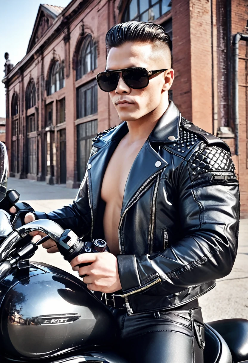 handsome huge gangsta bodybuilder Roman Todd on motorcycle, huge muscles, quilted and studded with high spikes black shiny leather jacket, black shiny leather shirt, black shiny leather pants, black sunglasses, industrial architecture: 1.4), retrofuturism, insane details, (Fujiflim XT3), 20 megapixel, holding a camera 