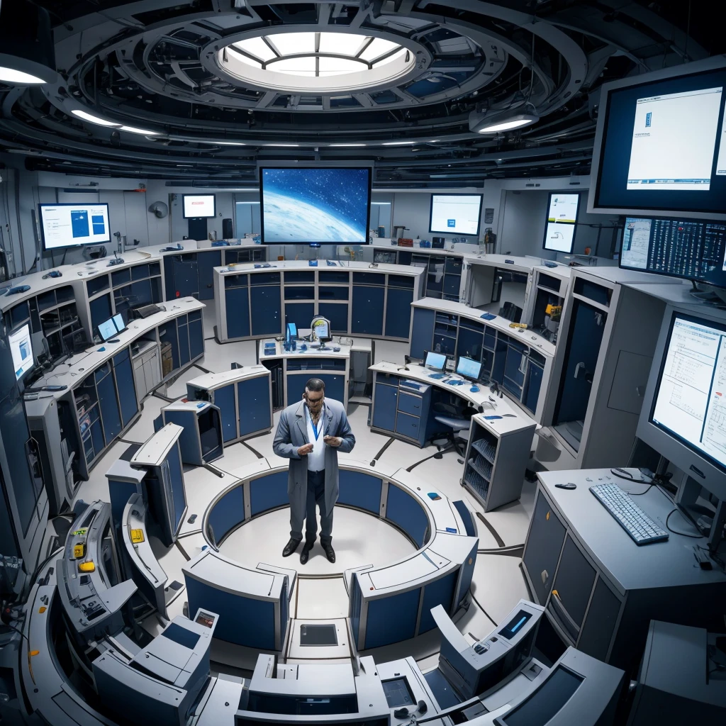 Many male scientists in lab talking to each other because they are going to start the coutdown for spaceship