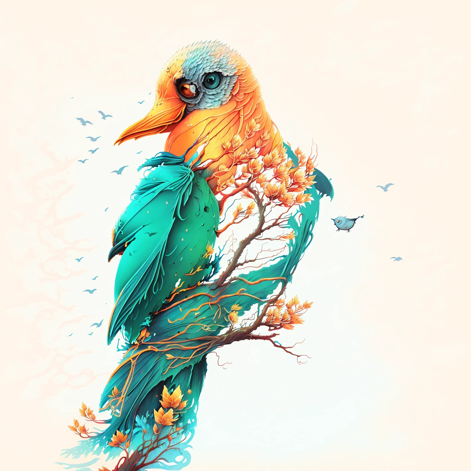 There is a bird sitting on a branch with a blue and orange beak, in digital illustration style, Birds f CGSetylation, low detailed. digitalpainting, a beautiful art illustration, a surrealistic bird, arte do Adobe Illustrator, stunning digital illustration, striking detailed artstyle, digitalpainting altamente detalhada, vetor behance hd jesper ejsing, pictorial illustration