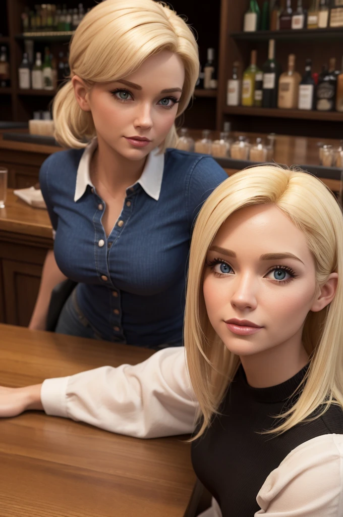 3D post inspired by Pixar woman in her 30s with blonde hair fawning at the bar