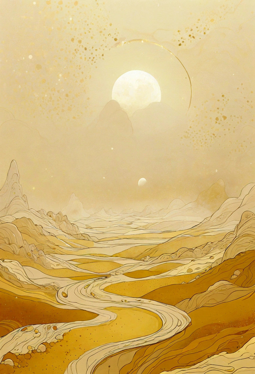 Empty lunar wasteland,Surrounded by many hazy golden particles floating in the air,Mysterious atmosphere,Hazy abstract future aesthetic minimalism, Simple drawing, dyeing