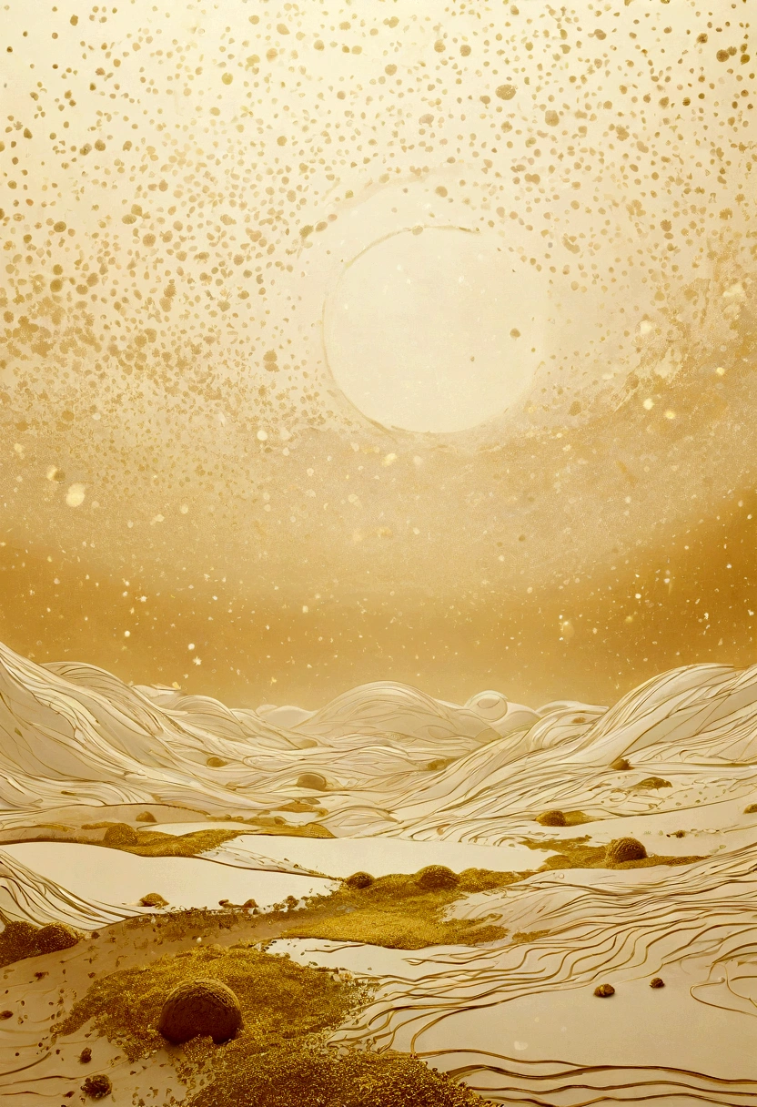 Empty lunar wasteland，Surrounded by many hazy golden particles floating in the air，Mysterious atmosphere，Hazy abstract future aesthetic minimalism, Simple drawing, dyeing