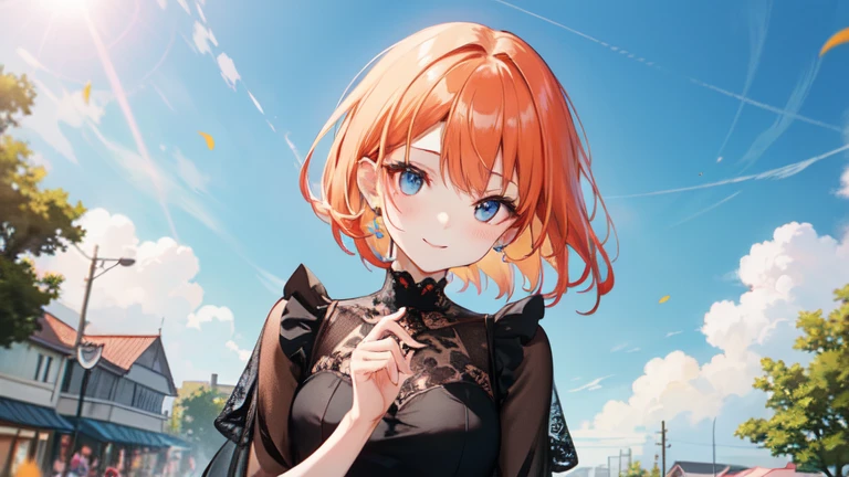Super delicate orange haired cute girl、8k ultra high definition, Delicate texture, short hair、Black dress、summer park、daytime、Friendly Smile、looking into camera