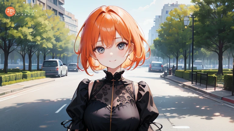 Super delicate orange haired cute girl、8k ultra high definition, Delicate texture, short hair、Black dress、summer park、daytime、Friendly Smile、looking into camera