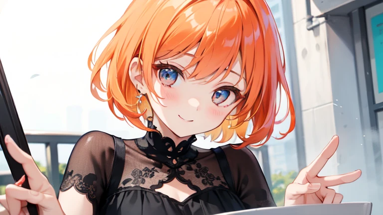 Super delicate orange haired cute girl、8k ultra high definition, Delicate texture, short hair、Black dress、summer park、daytime、Friendly Smile、looking into camera