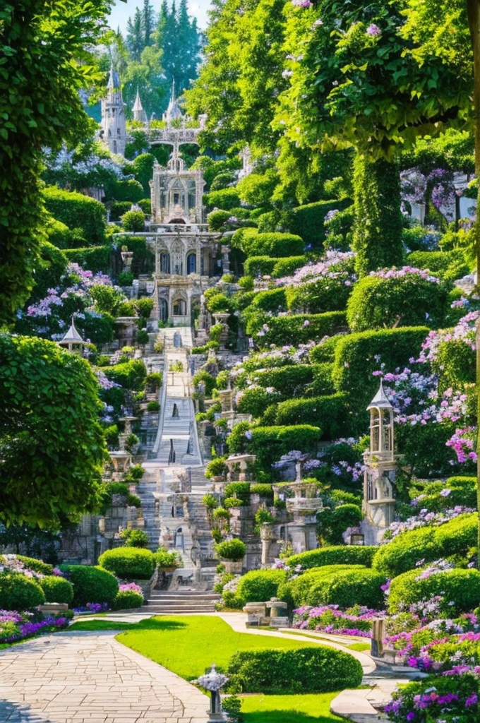 "A breathtaking, colossal white castle set in a vibrant, lush fantasy world named Avalon. The Grand Castle of Avalon is a divine creation, featuring a central tower that rises to one kilometer in height, surrounded by at least twelve major towers with blue pointed roofs and gold details. The castle's walls, standing at 60 meters tall, are pristine white with delicate gold embellishments. The structure is a mix of gothic and fairy-tale architecture, with intricate carvings and ethereal patterns. The roofs of the towers and main buildings are steep and blue, with gold accents shimmering in the sunlight. The castle is encircled by an expansive courtyard filled with exotic plants, colorful flowers, a large hedge maze, and whimsical fairies tending to the greenery. Majestic statues and water features add to the enchanting atmosphere. The entire scene is vibrant and full of life, with a sense of divine beauty and magic."