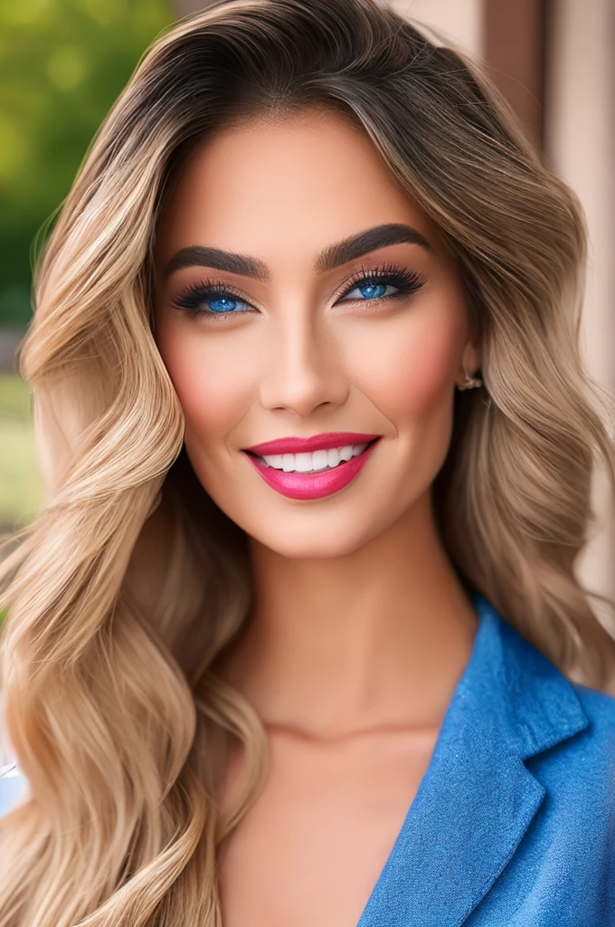 Create a hyper-realistic portrait of a female influencer. She is a blonde American model with flawless, glowing skin. Her hair is long, straight, and styled perfectly, cascading over her shoulders. She has striking blue eyes, high cheekbones, and full lips with a natural, soft pink color. Her expression is confident and approachable, with a hint of a smile. She is wearing modern, fashionable clothes, suitable for an influencer, such as a stylish blouse or dress. The background is blurred to keep the focus on her face, with a soft bokeh effect. Ensure the overall aesthetic is polished and visually appealing, capturing the essence of a contemporary social media influencer.
