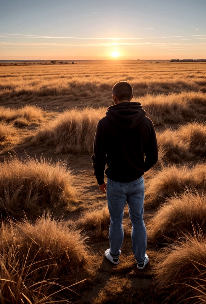 a latin man, 28 years old dark, without so much front, with comb over haircut , for the side and beard black, barba mediana, warm with white hooded sweatshirt, with jeans, standing in profile he looks at the horizon and thinks about his entire life, 1 man in the scene in far distance of the camera focus , a field and plain scene. wide angle camera scene, contemplative scene, full body shot, sun and daylight, movie perspective, High Definition, photorealistic