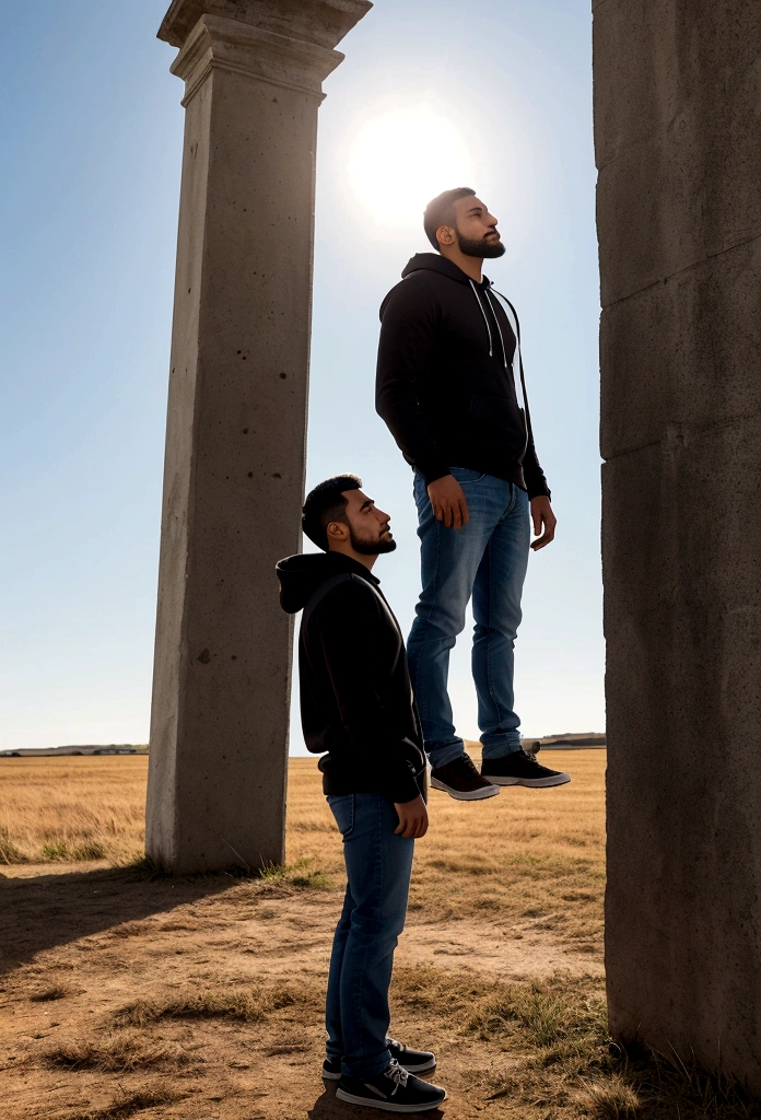 a latin man, 28 years old dark, without so much front, with comb over haircut , for the side and beard black, barba mediana, warm with white hooded sweatshirt, with jeans, standing in profile he looks at the horizon and thinks about his entire life, 1 man in the scene in far distance of the camera focus , a field and plain scene. wide angle camera scene, contemplative scene, full body shot, sun and daylight, movie perspective, High Definition, photorealistic