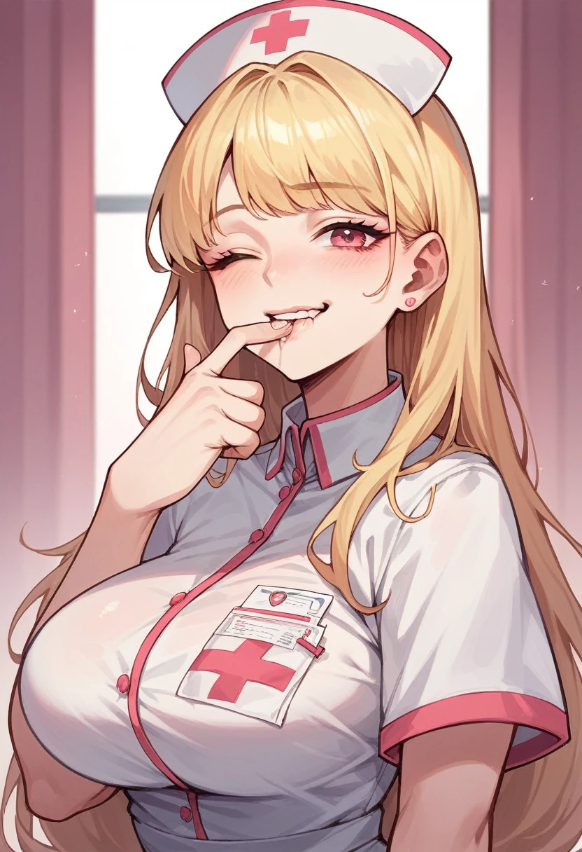 Korean girl , big titties , in a pink nurse costume, blonde hair , in a pink room , biting finger , long hair , winking