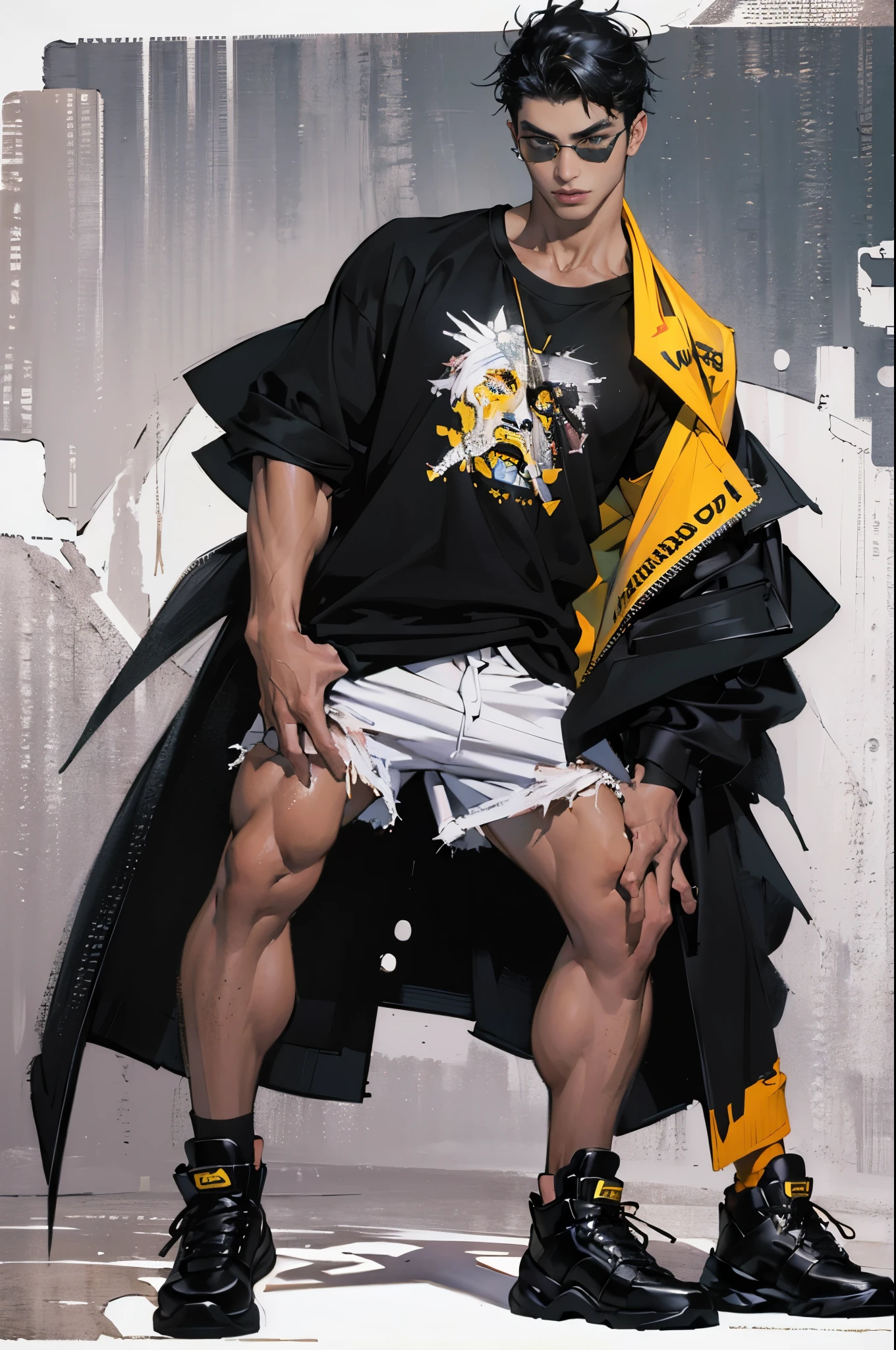 ((best quality,4K,High resolution,masterpiece:1.2)),((Character Concept Art)), 1 Male, teenage male, Japanese rich kids, ((black hair, Fashionable messy, topless,shorts)), black hair, (Fair skin), super fine eyes (black eye color), Hidden behind blue sunglasses, Handsome, High target, Lean muscular body, ((intricate details)), Hand details are super fine, super fine fingers(((ten fingers))), Wearing street style clothing, Ripped jeans, oversized minimal t-shirt, high-top sneakers, (Stand confidently), Disciple, charming, outgoing, spoiled, (Full body display), (Show your whole body), (No logos on background), (No logo), ((Solid color background)), ((Solid color background)), (((Sky background)))