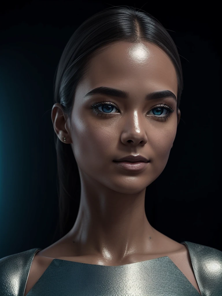 Full body Closeup shot, master shot, A highly detailed, hyper-realistic digital painting of a beautiful, female humanoid AI with a fusion of metallic and realistic skin. She has a flawless, porcelain-like complexion with a slight metallic sheen. Her skin appears to be a seamless blend of organic and inorganic materials, with subtle metallic veins and circuitry visible beneath the surface. 

The AI has a delicate, feminine facial structure with high cheekbones, full lips, and large, expressive eyes. Her irises are a striking, unnatural color, perhaps a glowing blue or green. Her hair is long, silky, and dark, flowing around her face and shoulders in gentle waves. 

The AI's body is slender and graceful, with a humanlike form. However, parts of her body, such as her hands or forearms, are clearly metallic and machine-like, with visible joints and panels. The contrast between the organic and inorganic elements creates a sense of beauty and intrigue.

The AI is posed in a thoughtful or pensive expression, perhaps gazing off into the distance. The background is blurred and indistinct, allowing the viewer to focus on the AI's striking features and unique appearance.

The overall image should convey a sense of wonder, beauty, and the merging of technology and humanity. The AI should appear both human and machine, real and unreal, creating a captivating and thought-provoking visual.