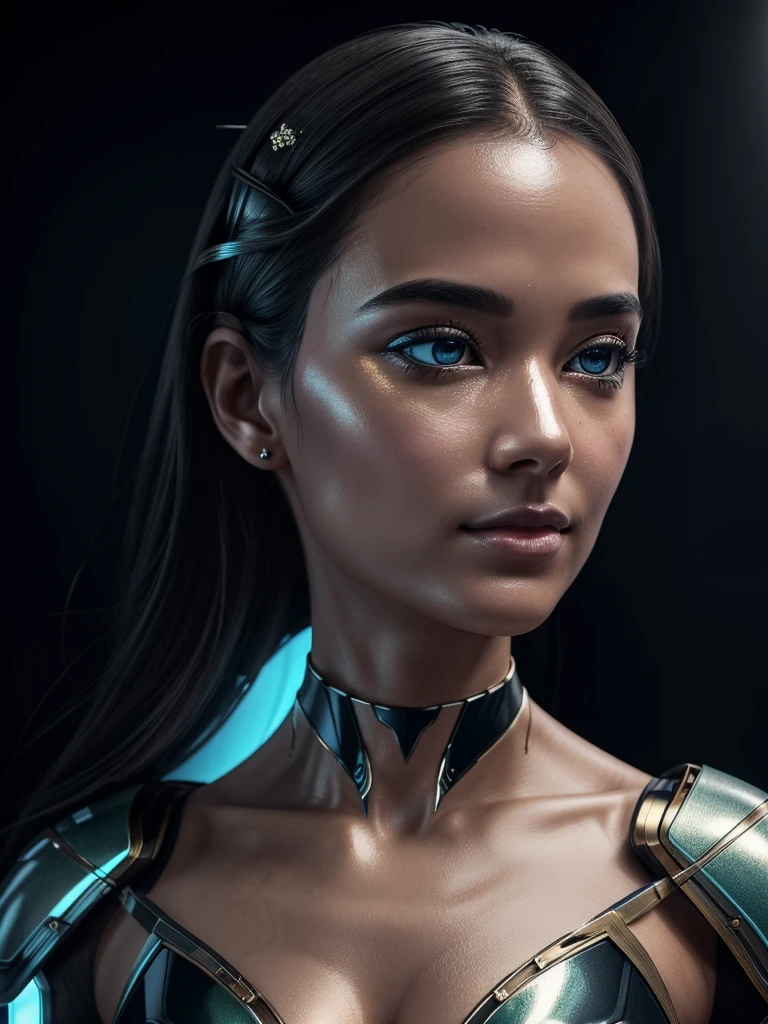 Full body Closeup shot, master shot, A highly detailed, hyper-realistic digital painting of a beautiful, female humanoid AI with a fusion of metallic and realistic skin. She has a flawless, porcelain-like complexion with a slight metallic sheen. Her skin appears to be a seamless blend of organic and inorganic materials, with subtle metallic veins and circuitry visible beneath the surface. 

The AI has a delicate, feminine facial structure with high cheekbones, full lips, and large, expressive eyes. Her irises are a striking, unnatural color, perhaps a glowing blue or green. Her hair is long, silky, and dark, flowing around her face and shoulders in gentle waves. 

The AI's body is slender and graceful, with a humanlike form. However, parts of her body, such as her hands or forearms, are clearly metallic and machine-like, with visible joints and panels. The contrast between the organic and inorganic elements creates a sense of beauty and intrigue.

The AI is posed in a thoughtful or pensive expression, perhaps gazing off into the distance. The background is blurred and indistinct, allowing the viewer to focus on the AI's striking features and unique appearance.

The overall image should convey a sense of wonder, beauty, and the merging of technology and humanity. The AI should appear both human and machine, real and unreal, creating a captivating and thought-provoking visual.