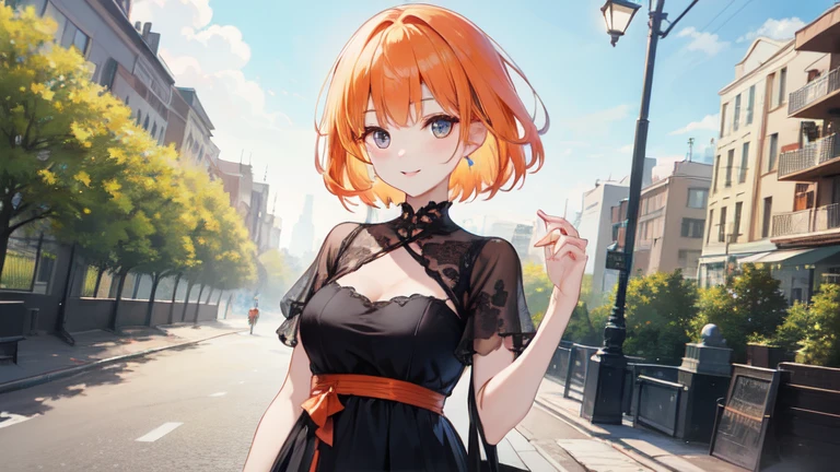 Super delicate orange haired cute girl、8k ultra high definition, Delicate texture, short hair、Black dress、summer park、daytime、Friendly Smile、looking into camera