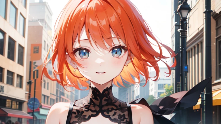 Super delicate orange haired cute girl、8k ultra high definition, Delicate texture, short hair、Black dress、summer park、daytime、Friendly Smile、looking into camera