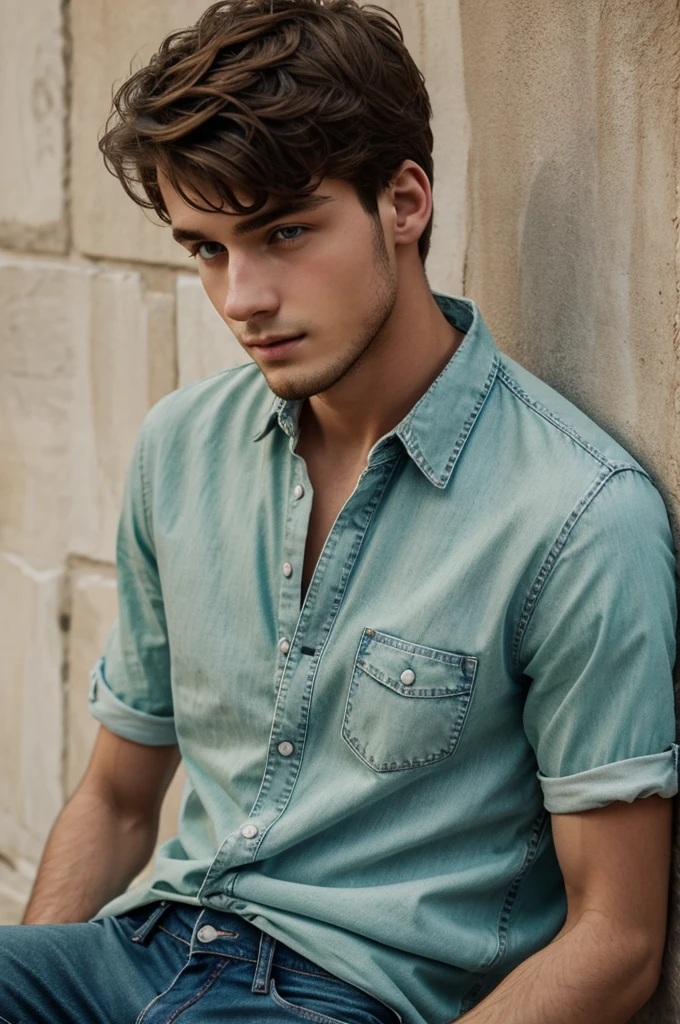 Jeune homme 19 ans brun. Il porte un jean et une chemise blanche. Il a les yeux vert et un grain de beauté sous l'oeil.