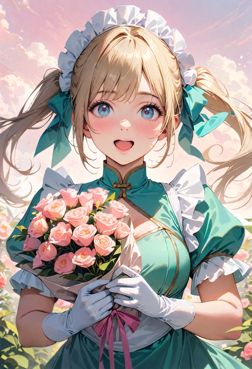 30 years old,1 mature woman,hyperrealistic, 8k, (extremely detailed 8k), (very delicate and beautiful), (masterpiece), (better quality:1.0), (ultra high resolution:1.0), (masterpiece, best quality), cute,blonde,cleavage cutout,(broen dress:1.3),gleaming skin,twintails,twin bun,a pink ribbon on the head,long hair,pastel green chinese maid dress,pastel green chinese dress,white long gloves,hold a bouquet of flowers,face and body straight at the camera,a bunch of flowers,POV,bust shot,white frill,puffy sleeves,laugh with open mouth,tareme,sky blue eyes,short truffle half apron,a gold buckle around someones neck,white corset,pink background