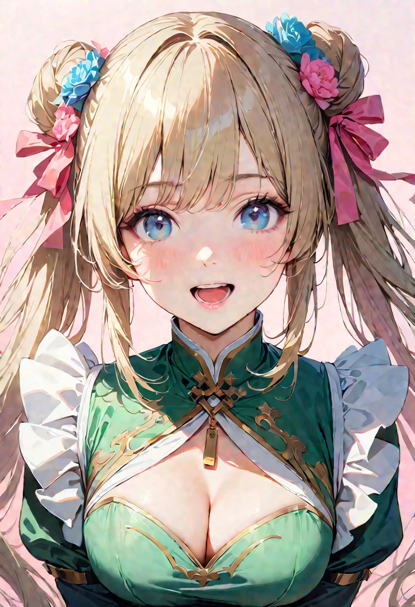 30 years old,1 mature woman,hyperrealistic, 8k, (extremely detailed 8k), (very delicate and beautiful), (masterpiece), (better quality:1.0), (ultra high resolution:1.0), (masterpiece, best quality), cute,blonde,cleavage cutout,(broen dress:1.3),gleaming skin,twintails,twin bun,a pink ribbon on the head,long hair,pastel green chinese maid dress,pastel green chinese dress,white long gloves,hold a bouquet of flowers,face and body straight at the camera,a bunch of flowers,POV,bust shot,white frill,puffy sleeves,laugh with open mouth,tareme,sky blue eyes,short truffle half apron,a gold buckle around someones neck,white corset,pink background
