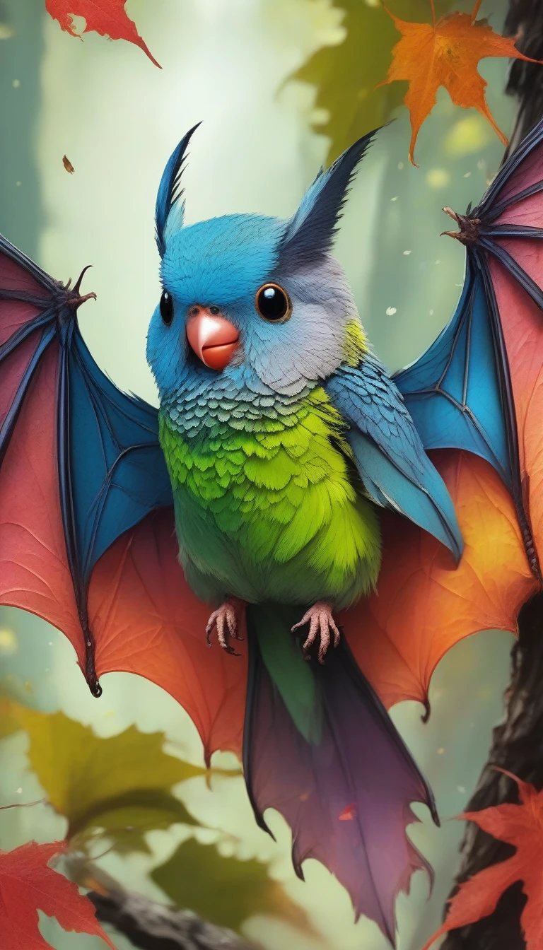 great image quality, masterpiece, best image quality, super detailed, ultra detailed, UHD, HDR, DOF, depth of field, fictional very cute chubby creature in a temperate broadleaf forest that is a cross between a bat and a budgie, with bat wings and budgie's colorful feathers, spinning around in the air The entire body