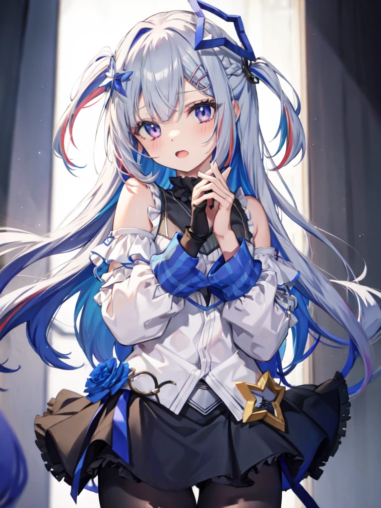 bikini, 1girl, long hair, multicolored hair, official alternate hair length, grey hair, colored inner hair, blue hair, purple eyes, halo, star halo, hair ornament, looking at viewer, bangs, open mouth, two side up, frills, hairclip, cowboy shot, sea, feel awkward