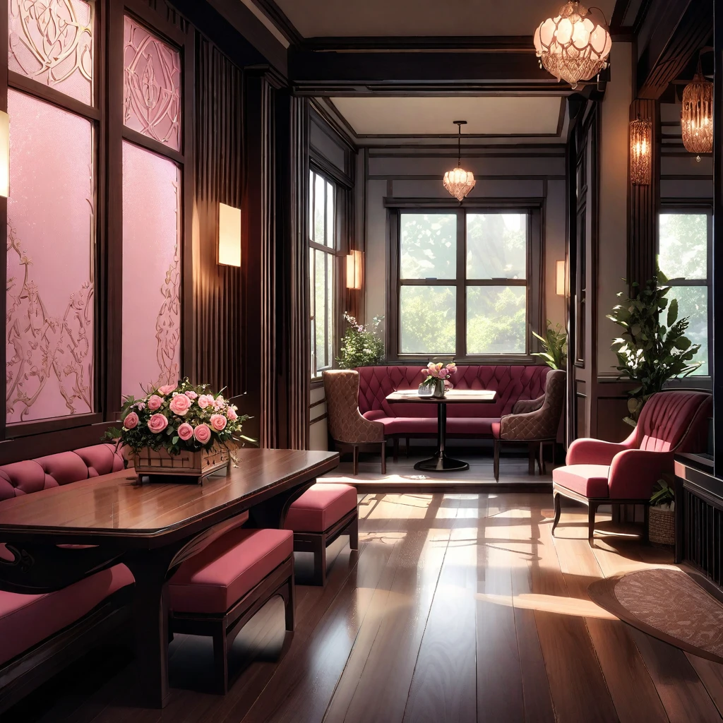 ---
---
**The Rosewood Haven Café**
In the vibrant heart of a bustling metropolis, amidst the whirlwind of urban life, stands The Rosewood Haven Café. This enchanting sanctuary of calm and beauty draws you in with its unique charm and harmonious blend of brown and rose pink hues, promising a serene escape from the city’s relentless pace.
The café's exterior is a beautiful amalgamation of modern design and rustic elegance. The façade features a combination of rose pink stucco and rich, dark brown wood, creating a striking visual contrast that captures the attention of passersby. Large, arched windows framed in polished mahogany reveal glimpses of the cozy, inviting interior. The entrance, marked by a sturdy wooden door with intricate carvings and a rose pink glass inlay, beckons visitors to step inside and experience the warmth and beauty within.
As you push open the door, you are immediately enveloped in an atmosphere of comfort and sophistication. The interior of The Rosewood Haven Café is an open, airy space designed to make the most of natural light, which pours in through the expansive windows. The high ceilings are adorned with exposed wooden beams, painted in a soft, matte brown that enhances the room's warm and inviting feel. Hanging from these beams are elegant pendant lights with rose pink glass shades, casting a soft, diffused glow that bathes the room in warmth.
The floor is a beautiful mosaic of polished hardwood and intricately patterned tiles in shades of brown and rose pink. This combination adds texture and visual interest while maintaining a cohesive color palette. The walls, painted a soothing shade of rose pink, are complemented by wainscoting in a rich, dark brown, creating a sense of depth and sophistication.
Seating is thoughtfully arranged to offer a variety of experiences. Near the windows, plush armchairs upholstered in rose pink velvet are paired with sleek, dark wooden coffee tables, providing the perfect spot for people-watching or