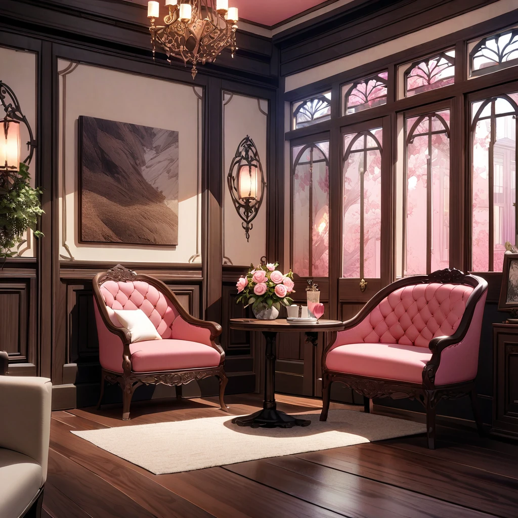 ---
---
**The Rosewood Haven Café**
In the vibrant heart of a bustling metropolis, amidst the whirlwind of urban life, stands The Rosewood Haven Café. This enchanting sanctuary of calm and beauty draws you in with its unique charm and harmonious blend of brown and rose pink hues, promising a serene escape from the city’s relentless pace.
The café's exterior is a beautiful amalgamation of modern design and rustic elegance. The façade features a combination of rose pink stucco and rich, dark brown wood, creating a striking visual contrast that captures the attention of passersby. Large, arched windows framed in polished mahogany reveal glimpses of the cozy, inviting interior. The entrance, marked by a sturdy wooden door with intricate carvings and a rose pink glass inlay, beckons visitors to step inside and experience the warmth and beauty within.
As you push open the door, you are immediately enveloped in an atmosphere of comfort and sophistication. The interior of The Rosewood Haven Café is an open, airy space designed to make the most of natural light, which pours in through the expansive windows. The high ceilings are adorned with exposed wooden beams, painted in a soft, matte brown that enhances the room's warm and inviting feel. Hanging from these beams are elegant pendant lights with rose pink glass shades, casting a soft, diffused glow that bathes the room in warmth.
The floor is a beautiful mosaic of polished hardwood and intricately patterned tiles in shades of brown and rose pink. This combination adds texture and visual interest while maintaining a cohesive color palette. The walls, painted a soothing shade of rose pink, are complemented by wainscoting in a rich, dark brown, creating a sense of depth and sophistication.
Seating is thoughtfully arranged to offer a variety of experiences. Near the windows, plush armchairs upholstered in rose pink velvet are paired with sleek, dark wooden coffee tables, providing the perfect spot for people-watching or