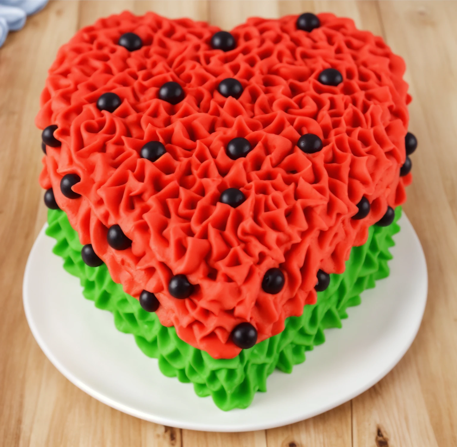 on a wooden table, there is a heart-shaped cake on a white plate,. red and green cream cake.  Multiple light sources, bright lighting, Realistic style , realistic texture, detailed texture, A high resolution, high quality, macro photo, ultra hd 4k quality.