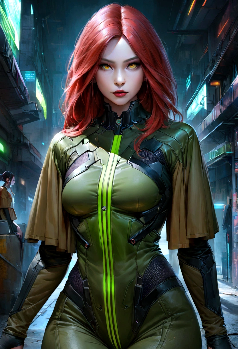 Animatrix style, ultra-realistic, cyberpunk, science fiction, character, feminine, ultra textured, perfect face. A beautiful red-haired mechanic has mutant powers, she is powerful and walks empowered in the middle of a mutant suburb. Her clothing has dark red, dark green and dark yellow colors.