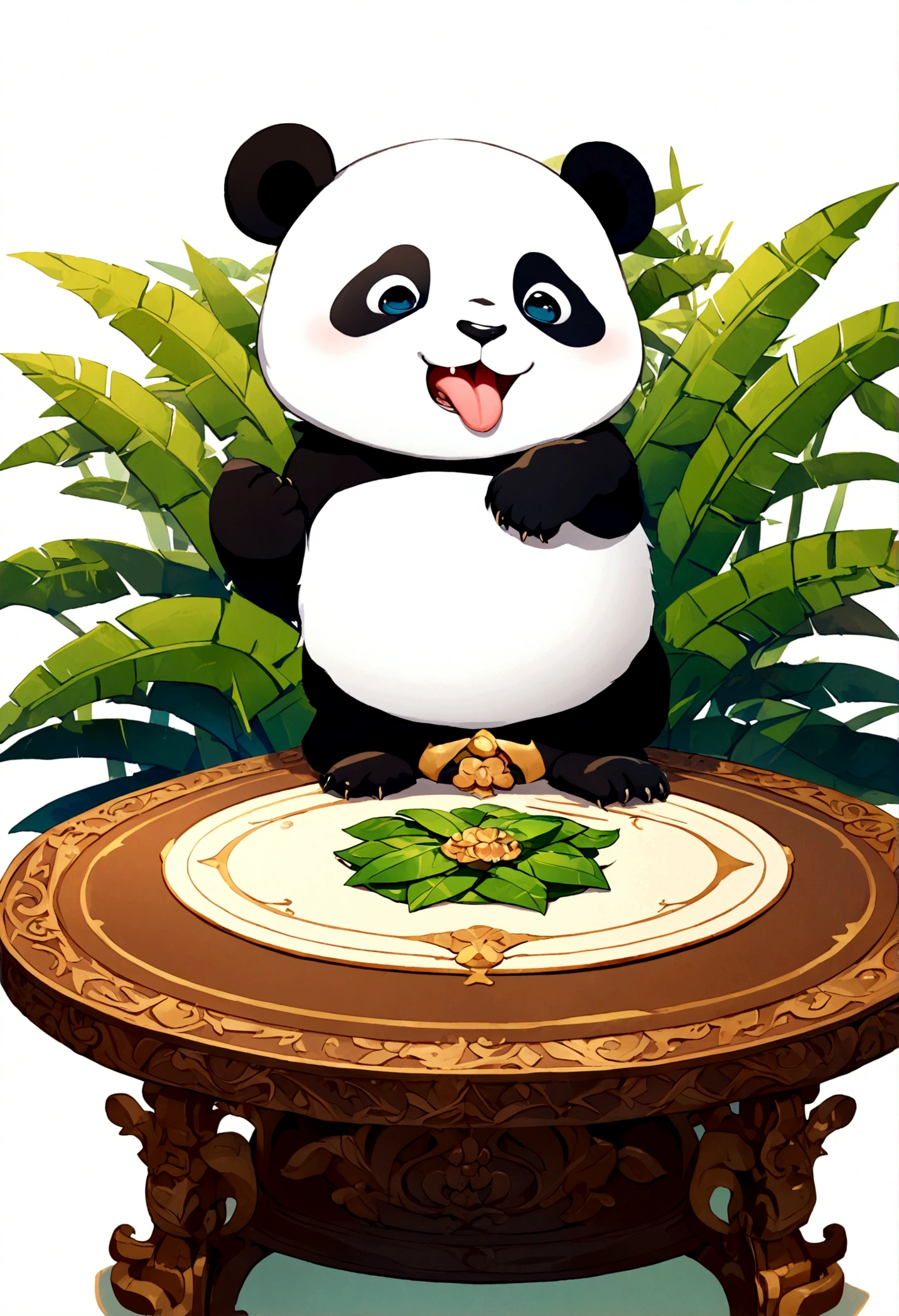 List of cute Chinese giant panda emojis,cartoon animals,A green bamboo leaf on the head,Hands on hips,Short legs, (((Sad expression,Excited expression,Naughty tongue sticking out expression,Winking teasing expression))) , (((Detailed panda animal portrait table,Front view,side view,three quarter view))) (((White background))),masterpiece,Extreme details,8K resolution,panoramic,Depth of Field