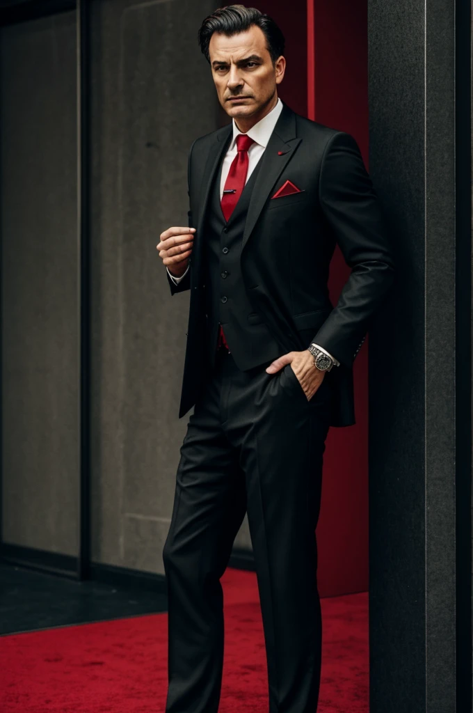 Vulture in human form, in a suit, black and red