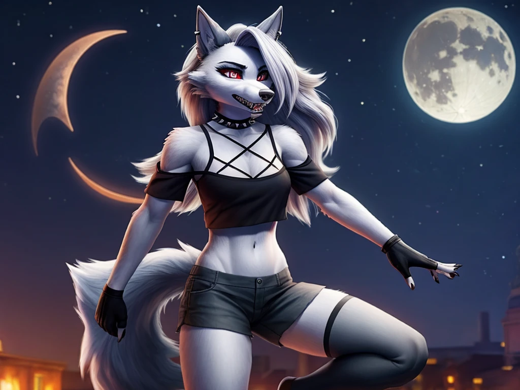 Loona is a wolf. She has a pointed, dog-like muzzle with sharp and pointy teeth, and a dark grey nose. Her eyes have red sclera, white irises and slit-like pupils, and she wears grey eyeshadow and black winged-eyeliner for makeup, Her fur is white with grey countershading encircling her face, grey patches on her shoulders, and long, voluminous silver hair swept to the side to reveal her dark grey ears; the left of which is pierced with two small, black hoop-piercings, while the right is ragged. She has a large, dark grey bushy tail with white on the underside. She also has a piercing on her right eyebrow with a black hoop for jewelry, Her outfit features a large, spiked black choker around her neck. Her tattered grey, off-the-shoulder crop-top is held up at the neckline by a series of crisscross spaghetti-straps that form an inverted pentagram. She also wears a set of black shorts that are tattered at the hems, with a white crescent moon detail on the right side, Loona also accessorizes with both black fingerless gloves and black thigh-high toeless stockings, with her black claws protruding due to her digitigrade stance, anthro wolf, female, adult, muscles, white fur, buffed body, tail, sexy, beefy body, furred body, furry chest hair, realistic, full body, photorealistic, ultra realistic, 8k, night, bare-chested