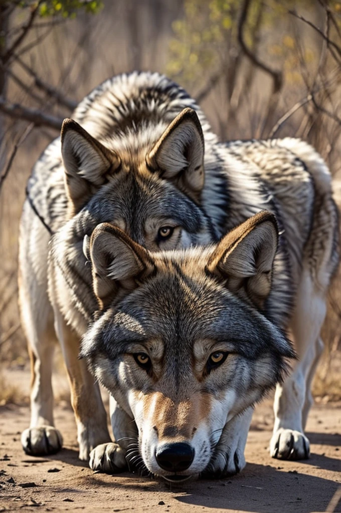 Image of a wolf looking at each other with a rabbit