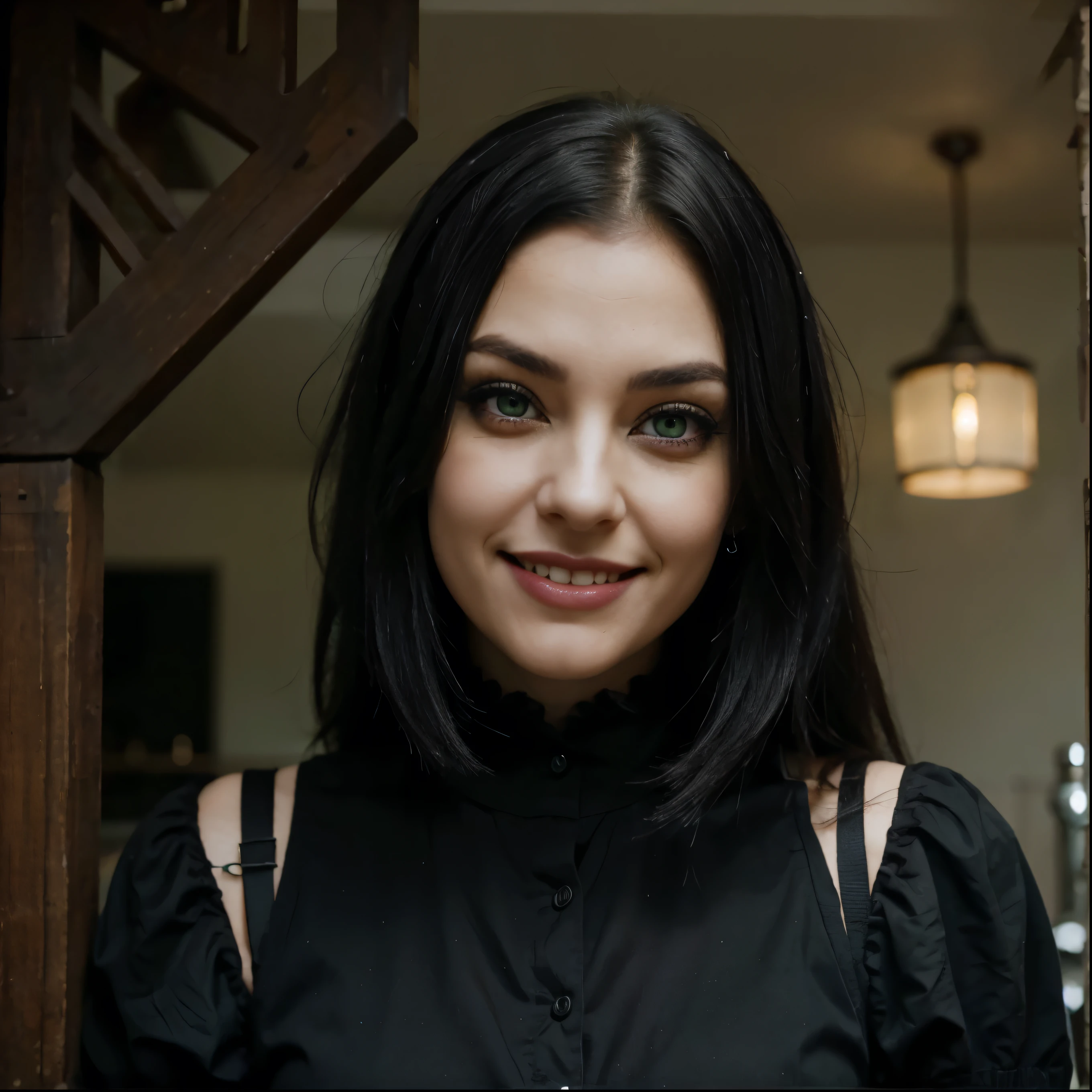 Crossed eyes gothic woman funny smile, black hair with green eyes